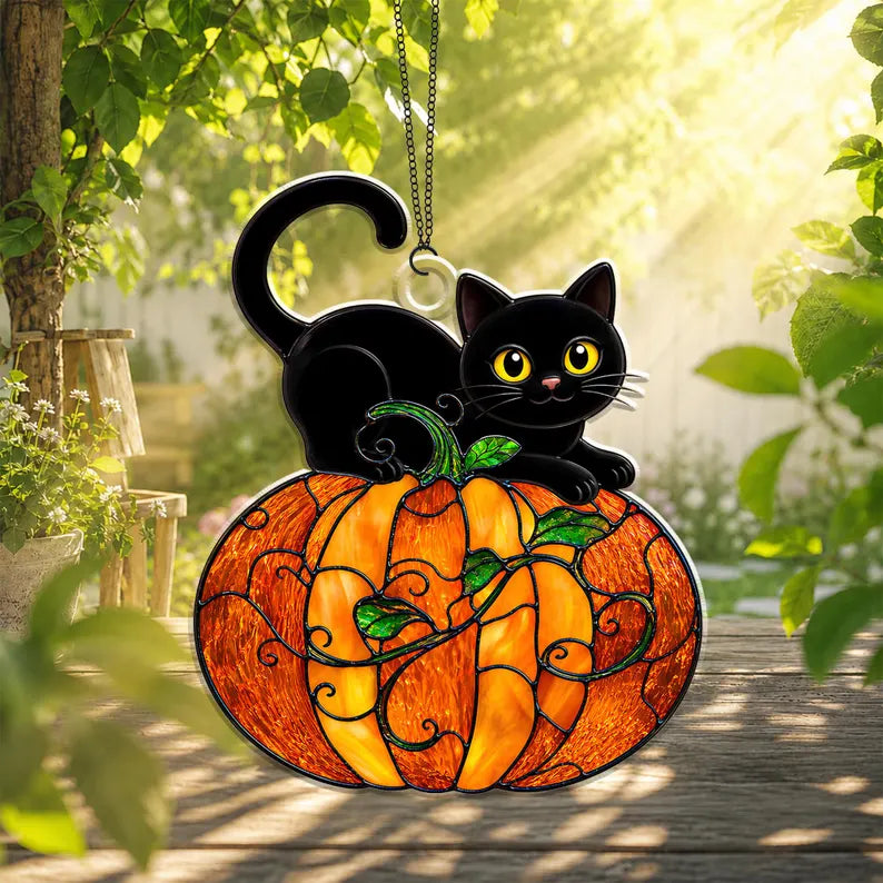 Cat And Pumpkin Acrylic Suncatcher Ornament, Halloween Suncatcher Window Hanging, Halloween Decor, Black Cat Lover Gift, Cute Halloween Gift. HSPETAL6