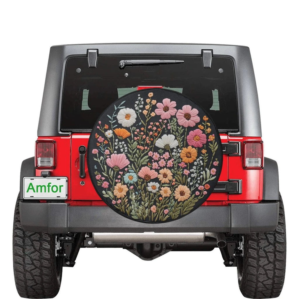 Pink Wild Flowers PVC Leather Spare Tire Cover, Faux Embroidery Printed Grassy Botanicals Floral Wheel Unique Backup Camera Hole Trailer Back Women RV. TCPETAL9
