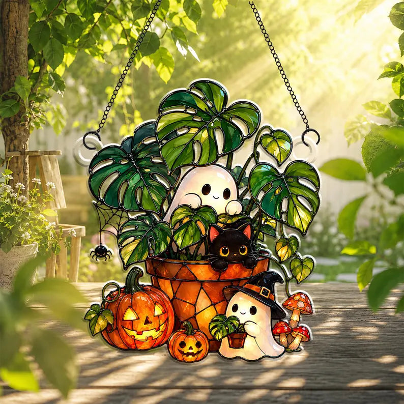 Cute Ghost Plant And Black Cat Acrylic Suncatcher, Pumpkin Window Hanging, Hangings Plant Lover Gift, Black Cat Lover Gift, Halloween Decor. HSPETAL2