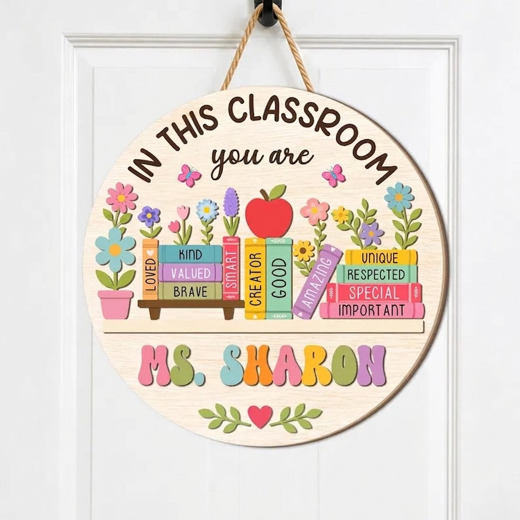 Custom Teacher Name Floral Door Sign, Personalized Classroom Door Hanger, 3D Wooden Decoration, Back to School Gift, Teacher Gifts. DHPETAL03