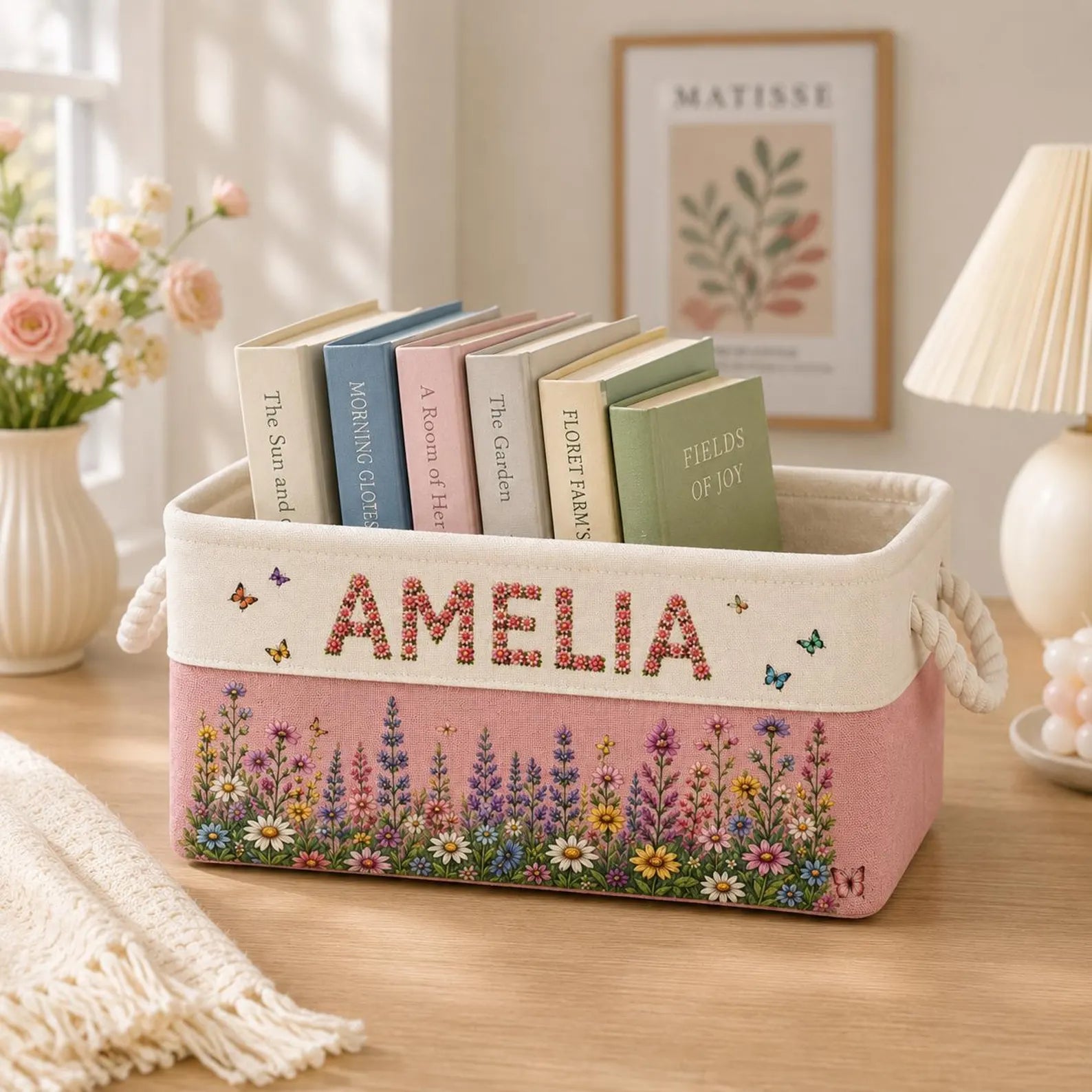 Personalized Birth Month Flower Book Storage Basket, Custom Name Book Holder, Book Lover Gift for Her, Reading Gift, Birthday Gift. BBPETAL4