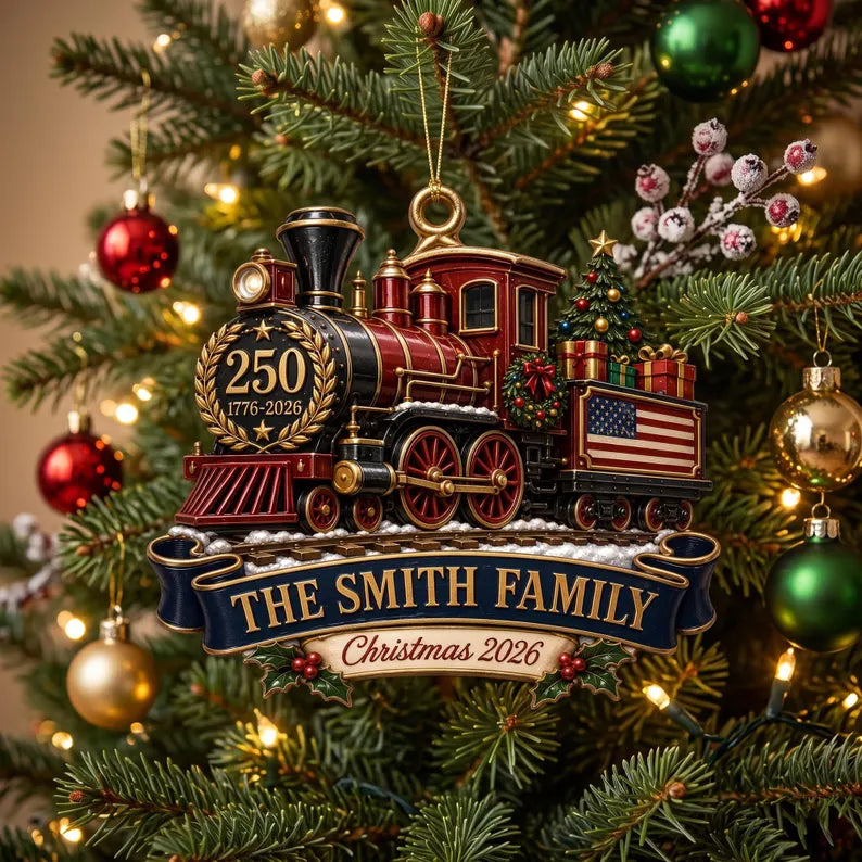 Personalized Christmas Train Ornament 2026, USA 250th Anniversary, Custom Family Name, Patriotic 1776-2026 Christmas Keepsake COPETAL60