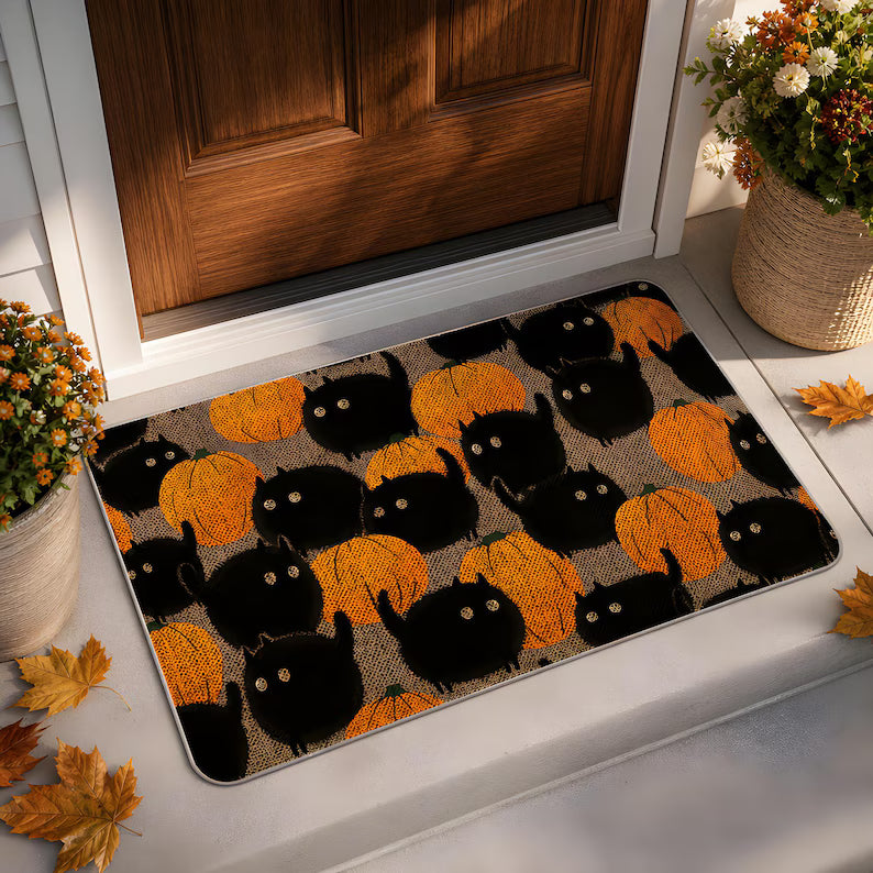 Halloween Doormat Black Cat Pumpkin, Spooky Welcome Mat, Witch Decor, Front Door Rug Gift. DMPETAL17