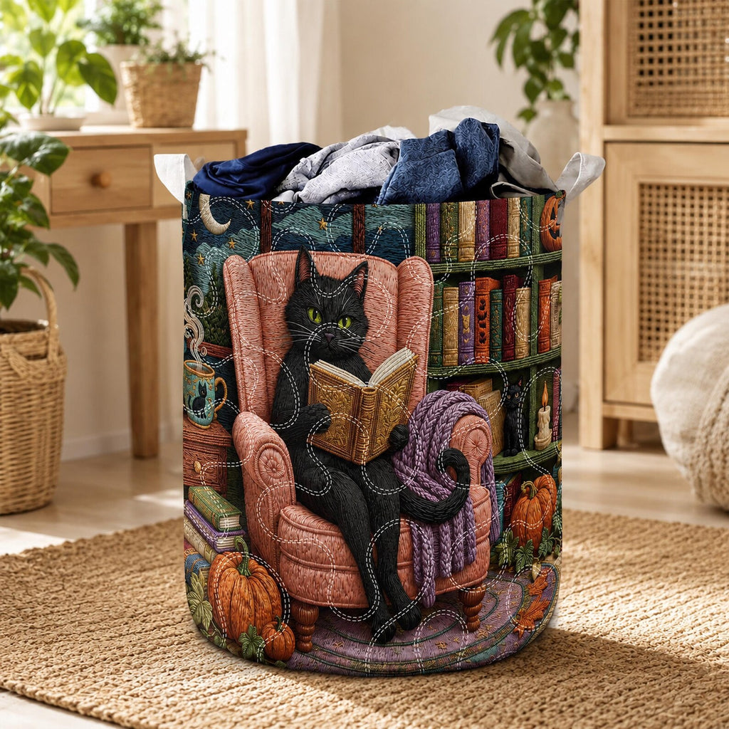 Black Cat Quilted Laundry Basket, Cozy Halloween Library Hamper, Cat Lover Laundry Bin, Whimsical Pet Fabric Storage Basket. HLWLBPETAL3