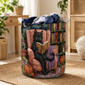Black Cat Quilted Laundry Basket, Cozy Halloween Library Hamper, Cat Lover Laundry Bin, Whimsical Pet Fabric Storage Basket. HLWLBPETAL3