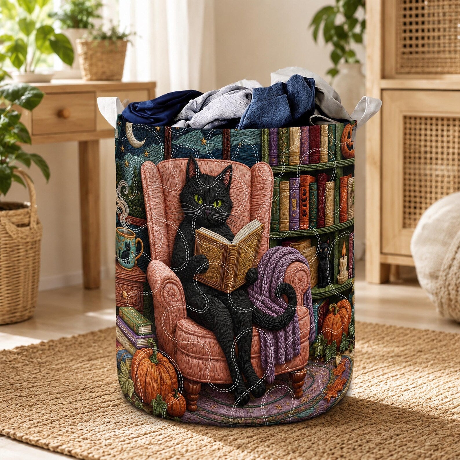 Black Cat Quilted Laundry Basket, Cozy Halloween Library Hamper, Cat Lover Laundry Bin, Whimsical Pet Fabric Storage Basket. HLWLBPETAL3