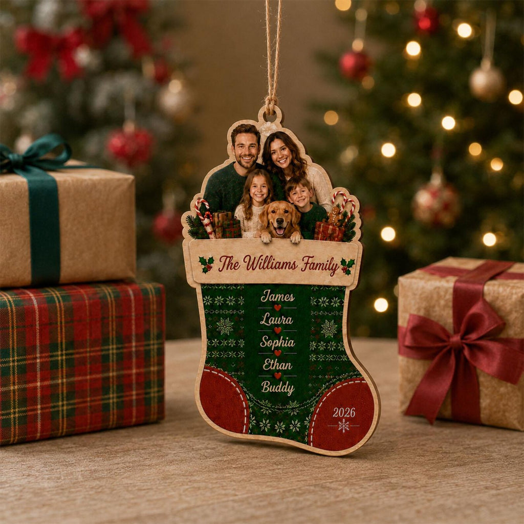 Personalized Family Stocking Photo Wooden Ornament, Custom Christmas Ornament 2026, Family Name Keepsake, Pet Family Christmas Gift	COPETAL21