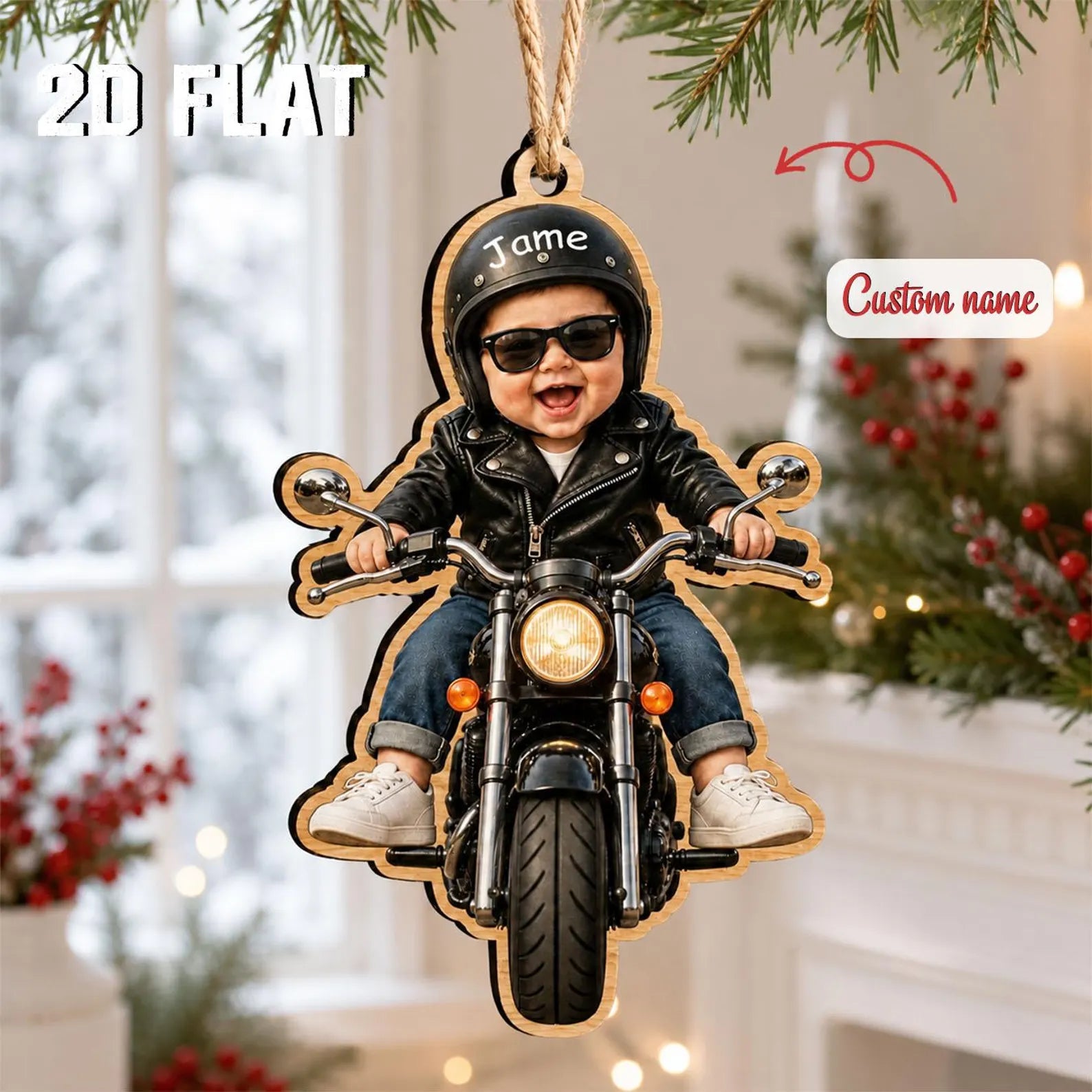 Personalized Baby Motorcycle Ornament, Custom Photo Christmas Ornament, Baby Biker Gift, Custom Name Wooden Ornament, New Dad Keepsake	COPETAL32