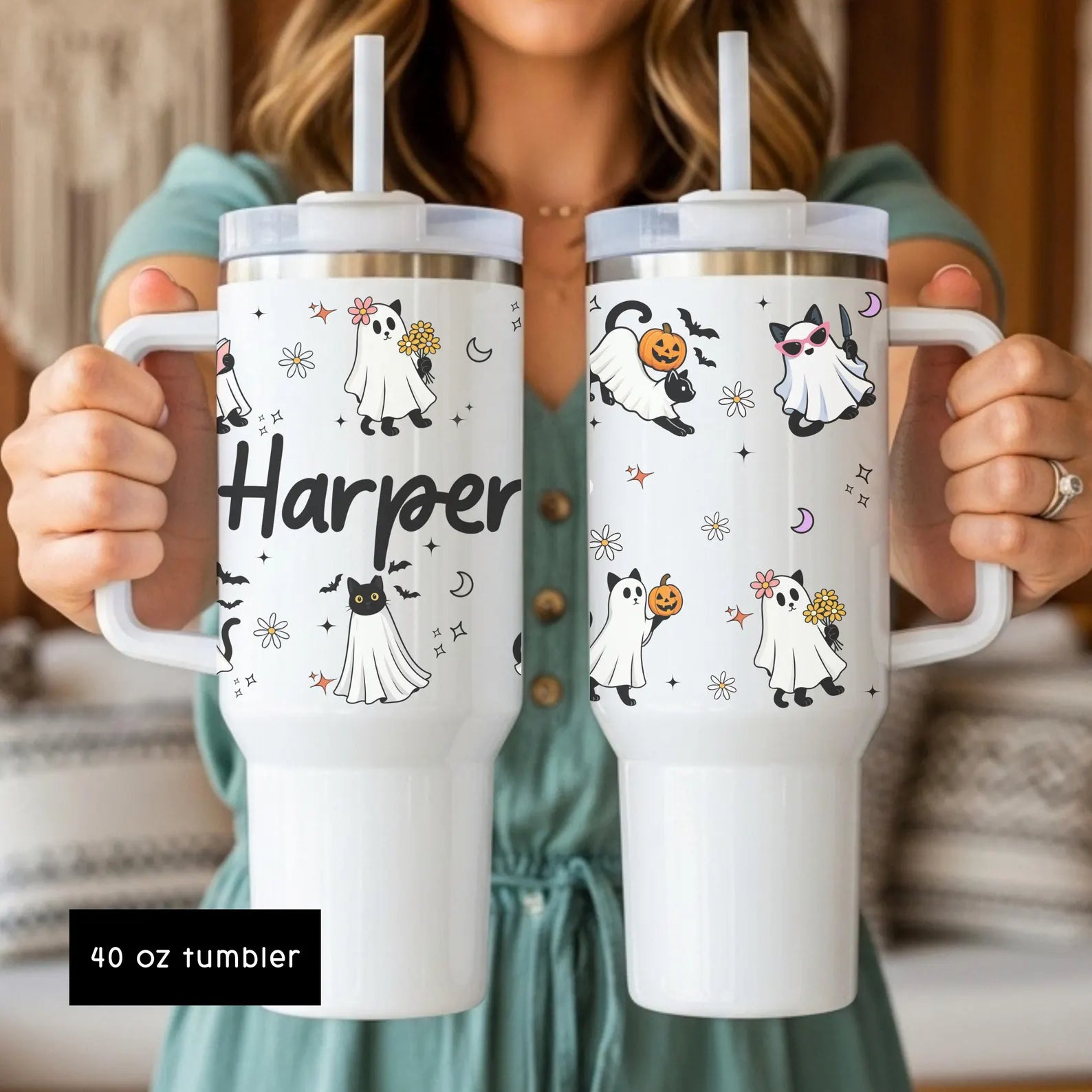 Halloween Ghost Cat 40oz Tumbler, Spooky Season Cup, Cat Lover Gift. TBLPETAL17