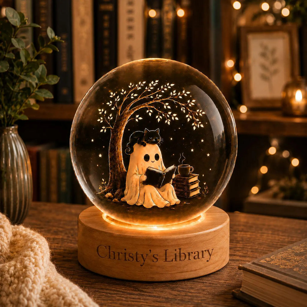 Halloween Ghost Crystal Ball LED Night Light, Cozy Reading Spirit Glass Sphere Lamp, Spooky Book Lover Decor Gift. LEDPETAL1
