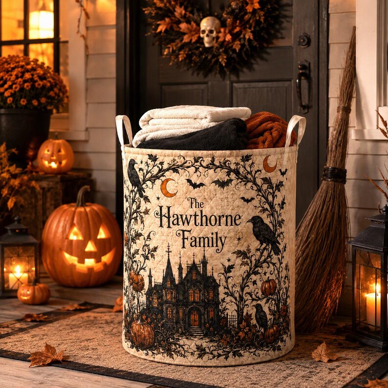 Personalized Gothic Halloween Quilted Laundry Basket, Custom Family Name Laundry Hamper, Haunted House Raven Pumpkin Storage Bin, Spooky Fall Home Decor LBPETAL146
