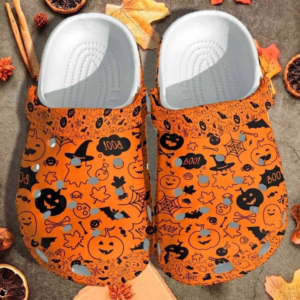 Orange Halloween Pattern Clogs – Pumpkin Ghost Bat Fall Shoes. Happy Halloween Ghost Pumpkin. CLPETAL08