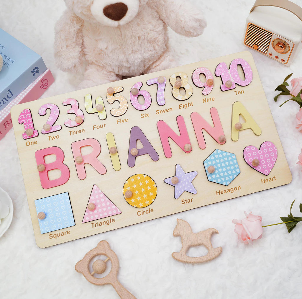 Personalized Wooden Name Puzzle Gift for Boys & Girls, Custom Baby Gifts Name Puzzle with Numbers, Geometry Shapes, Back Engraving. NPPETAL1