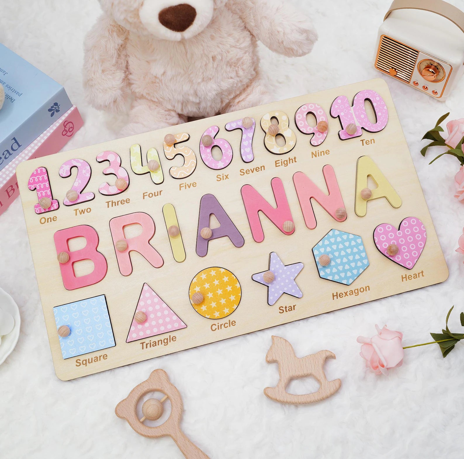 Personalized Wooden Name Puzzle Gift for Boys & Girls, Custom Baby Gifts Name Puzzle with Numbers, Geometry Shapes, Back Engraving. NPPETAL1