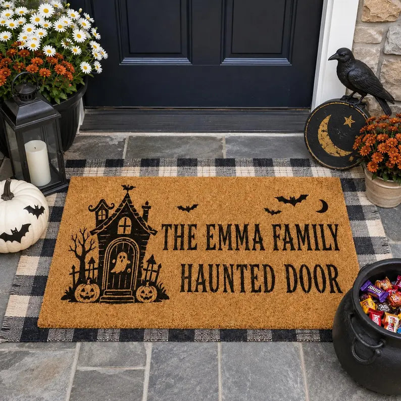 Halloween Doormat Haunted House Front Door Mat with Bats Moon and Pumpkins, Spooky Porch Decor, Gift for Halloween Family Entryway. DMPETAL8