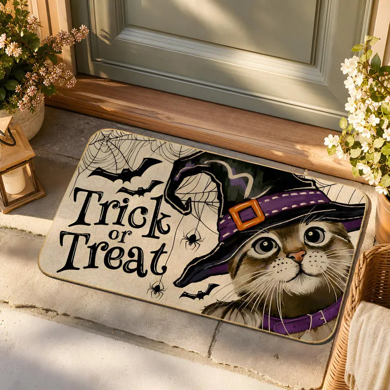 Halloween Cat Doormat Trick or Treat Witch Hat Door Mat Funny Spooky Home Decor. DMPETAL18