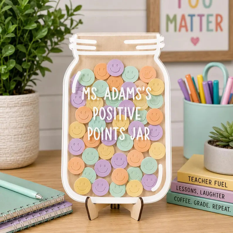 Personalized Teacher Reward Jar, Custom Classroom Incentive Token Board, Pastel Smiley Face Reward System, Back to School Teacher Gift Hook. RJPETAL07