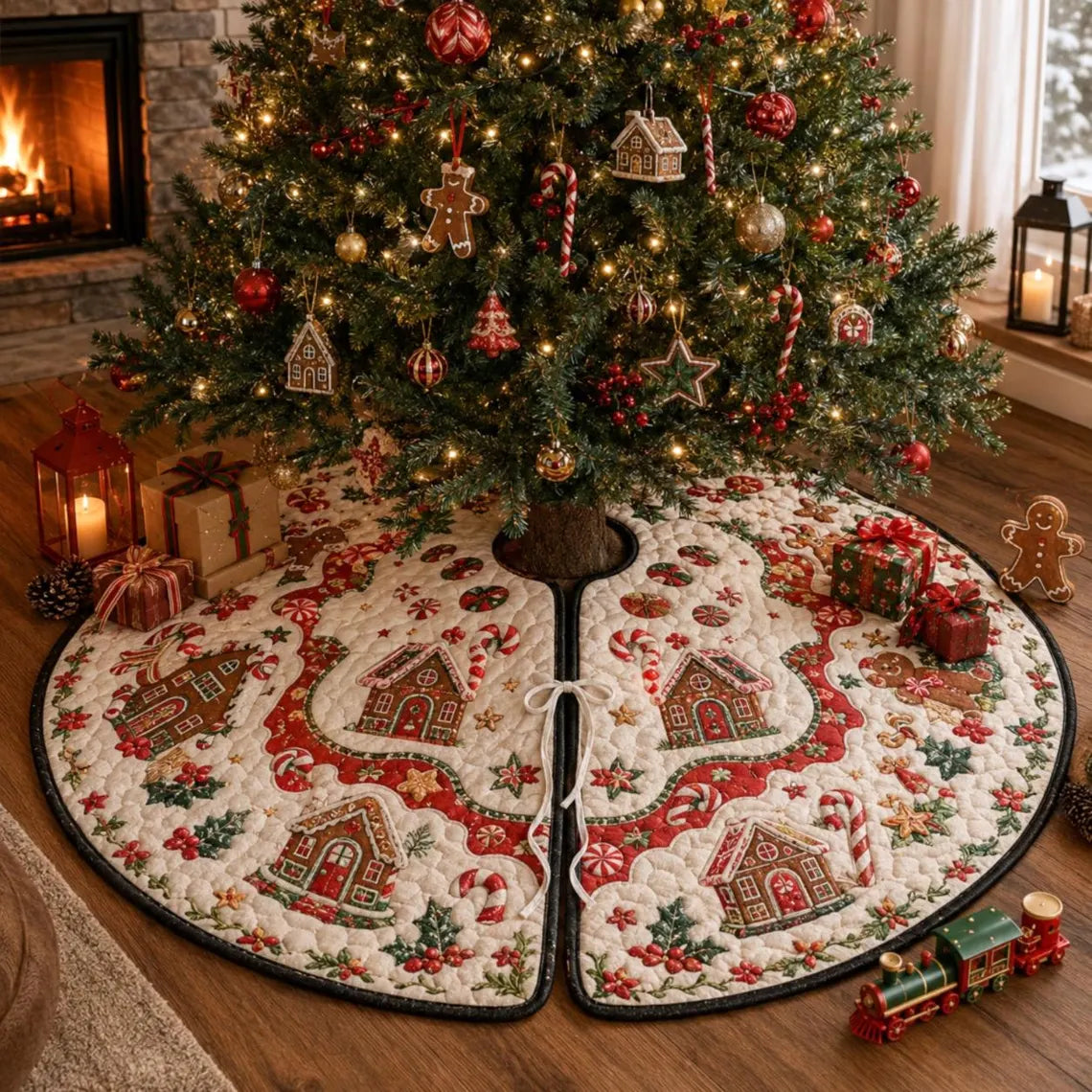 Candy Cane Xmas Tree Skirt, Quilted Christmas Tree Skirt, Gingerbread Christmas Tree Skirt, Vintage Holiday Tree Decor, Christmas Home Decor. CTSPETAL04