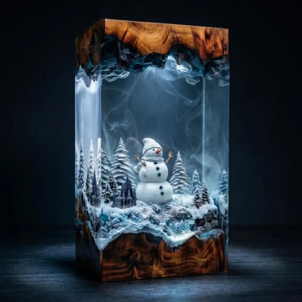 Snowman and Pine Forest Winter Diorama, Color Changing Epoxy Resin Wood Night Light. RLPETAL01
