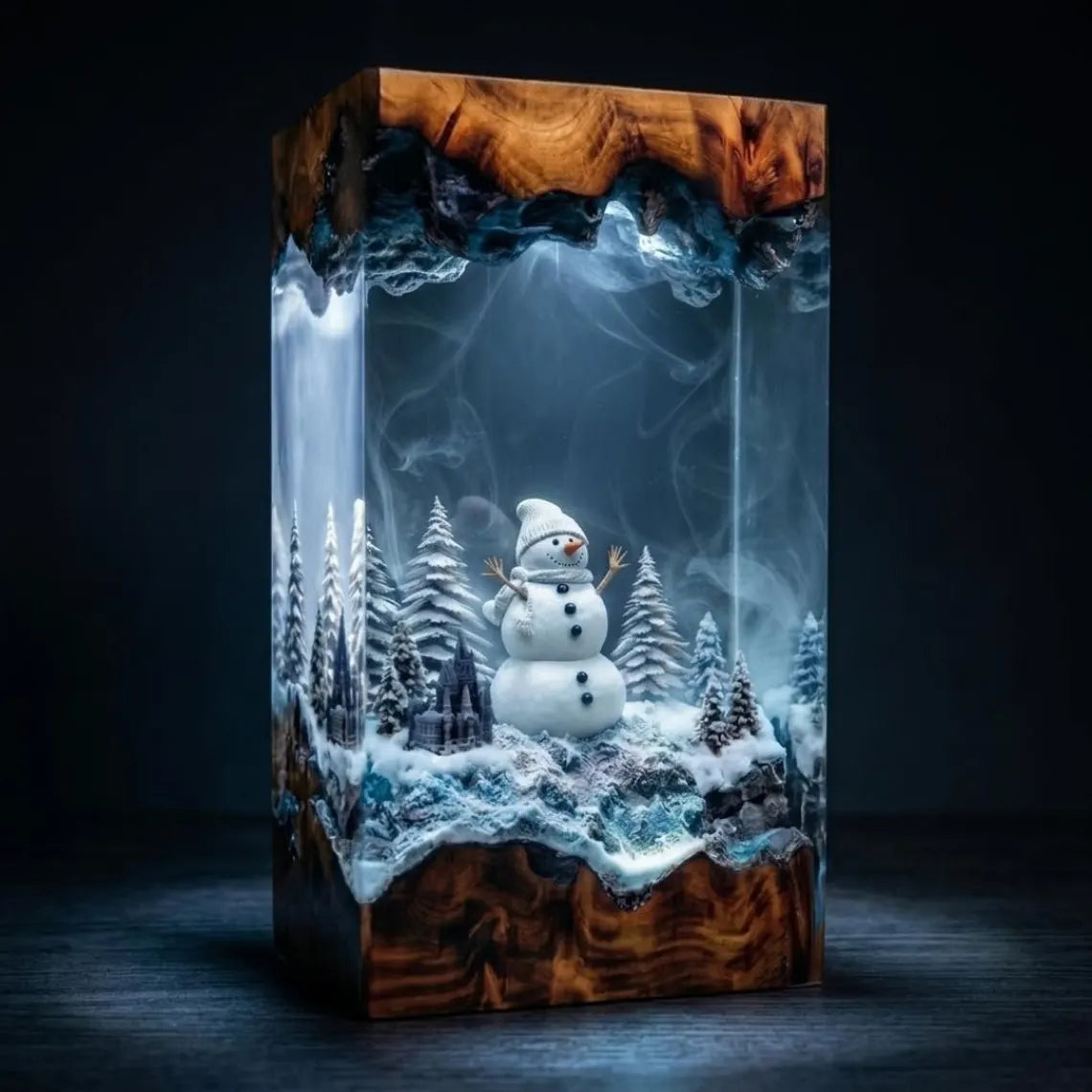 Snowman and Pine Forest Winter Diorama, Color Changing Epoxy Resin Wood Night Light. RLPETAL01