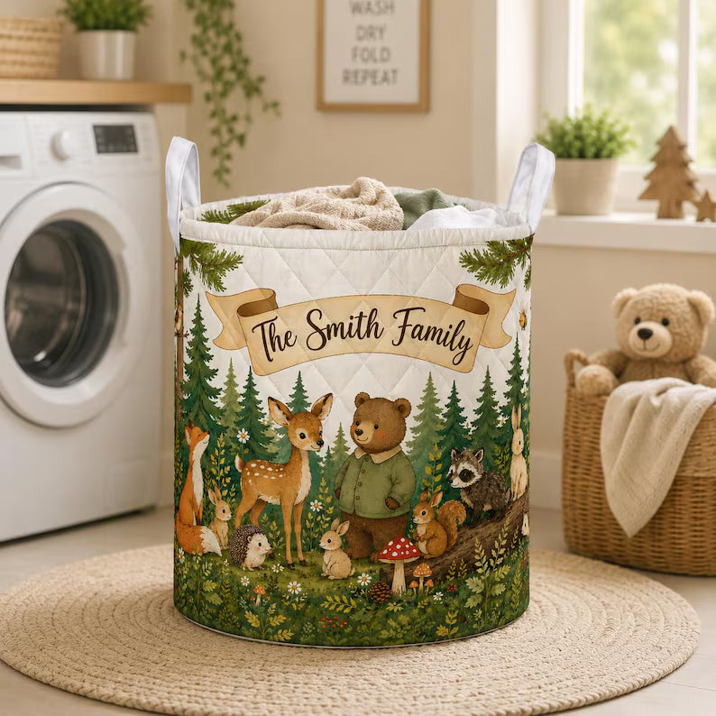 Custom Name Woodland Quilted Laundry Basket, Forest Animal Clothes Hamper, Personalized Family Storage Bin, Housewarming Gift LBPETAL152