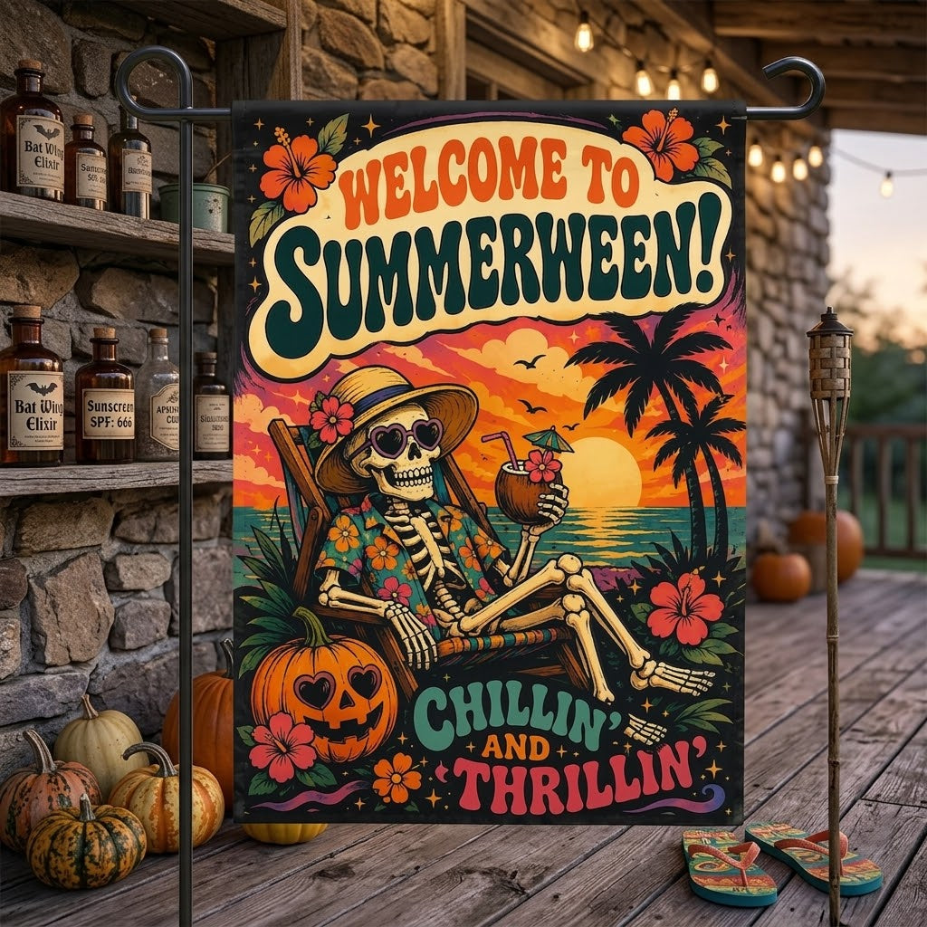 Summerween Garden Flag, Skeleton Halloween Beach Flag, Tropical Halloween Decor, Spooky Summer Yard Flag, Pumpkin Flag. HLWGFPETAL24