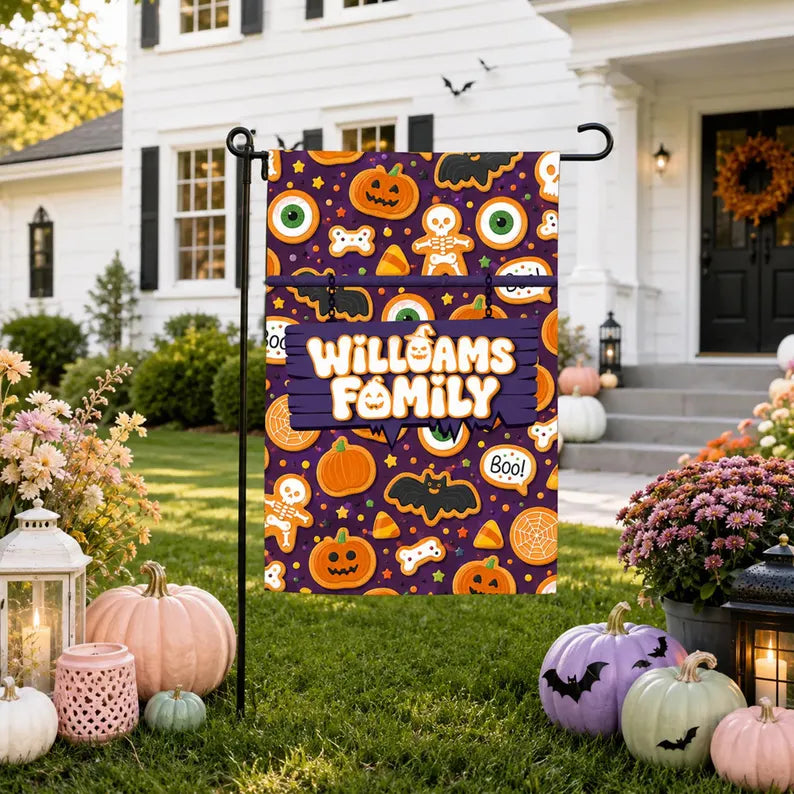 Personalized Halloween Garden Flag, Custom Family Name Yard Flag, Cute Spooky Outdoor Decor, Pumpkin Bat Skeleton Porch Sign. HLWGFPETAL1