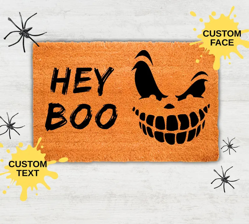 Personalized Halloween Doormat, Custom Pumpkin Face Doormat, Hey Boo Door Mat, Spooky Welcome Mat, Halloween Decor, Custom Name Rug. DMPETAL3