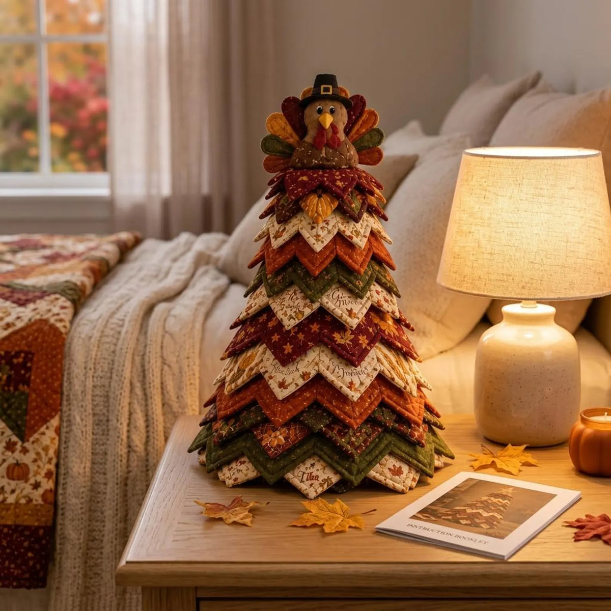 Thanksgiving Turkey Quilted Fabric Tree Tabletop Decoration, Handmade Autumn Harvest & Pumpkin Fall Home Decor QCTPETAL07