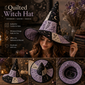Purple Black Quilted Witch Hat for Women – Magical Halloween Costume Hat with Moon, Stars & Patchwork Design. QWHPETAL7