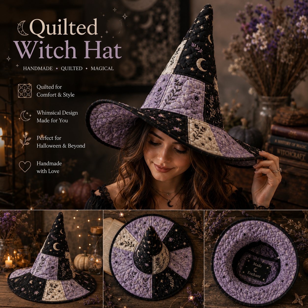 Purple Black Quilted Witch Hat for Women – Magical Halloween Costume Hat with Moon, Stars & Patchwork Design. QWHPETAL7