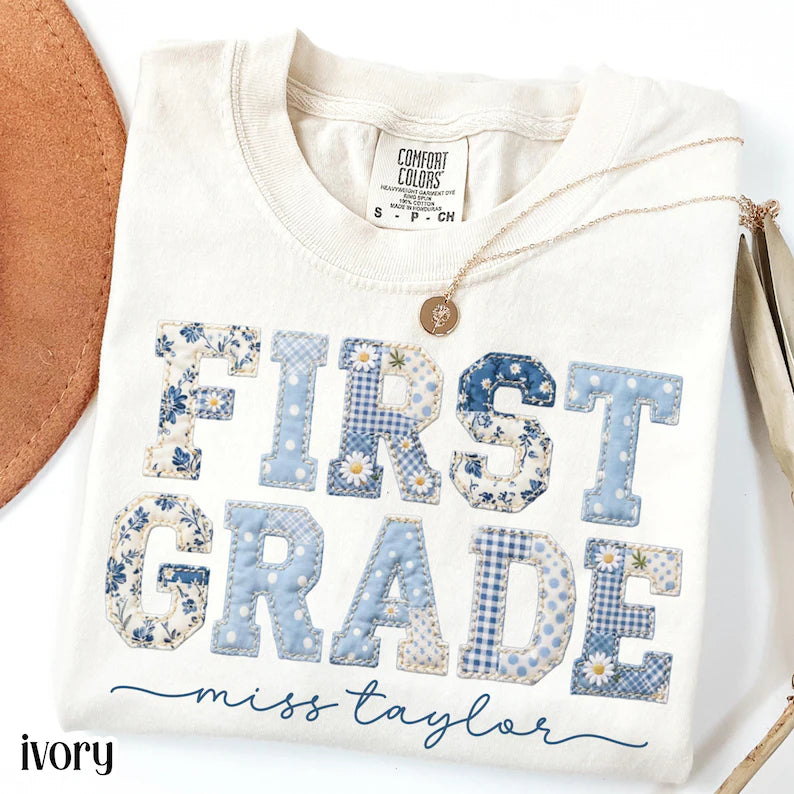 Comfort Colors® First Grade Teacher Shirt 1st Grade Matching Group T-Shirt Floral Blue Faux Patchwork Educator Back to School Team Tee. SPETAL18