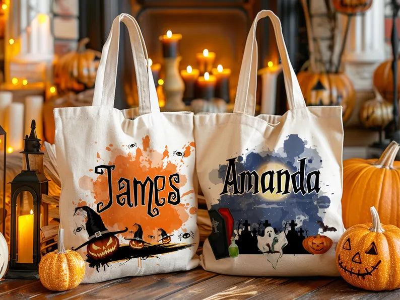 Personalized Halloween Tote Bag, Custom Name Trick or Treat Bag, Gothic Witch Pumpkin Candy Bag, Spooky Kids Halloween Gift Tote. HLWTBPETAL5