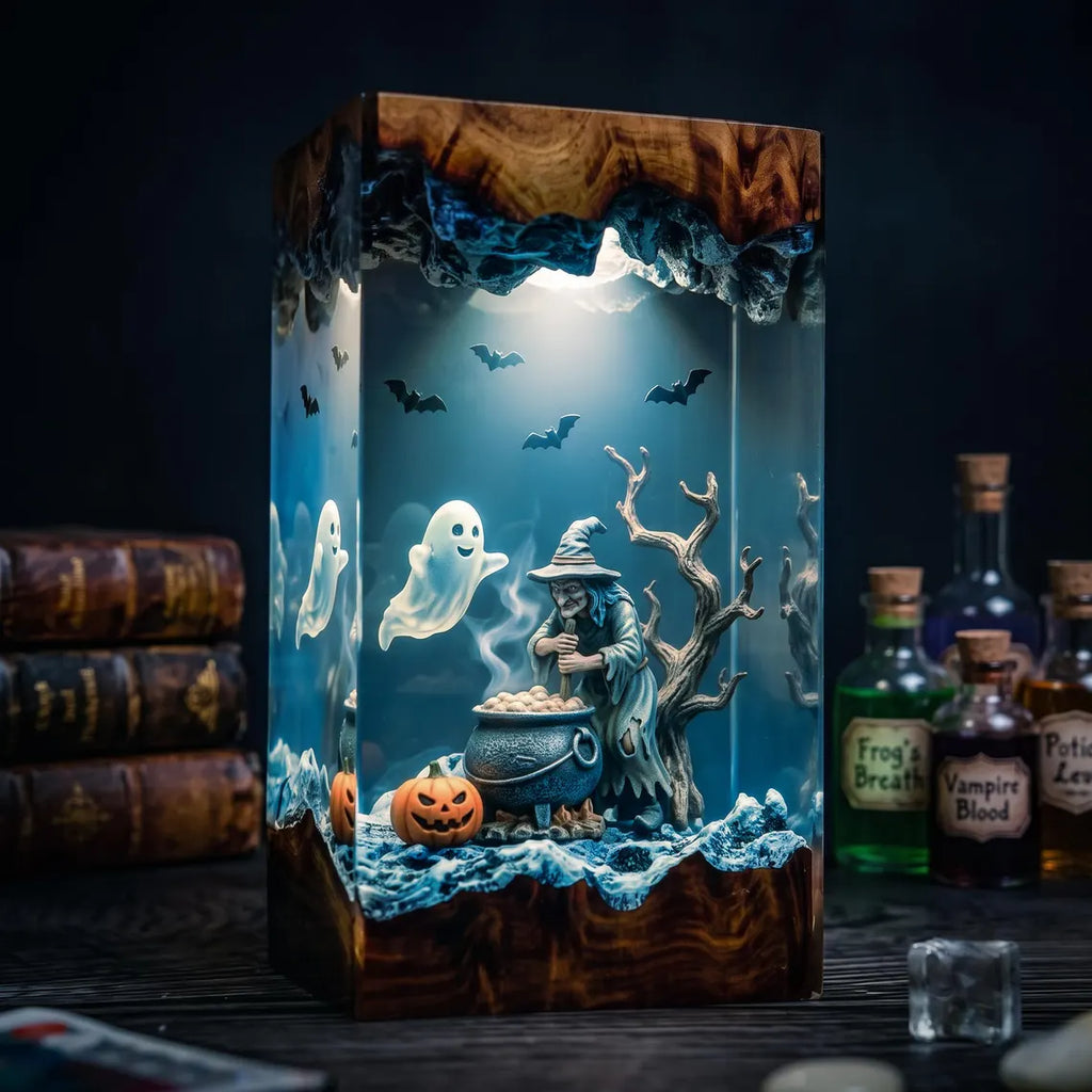 Spooky Witch Cauldron Resin Lamp, Poison Brew Night Light, Jack O Lantern Pumpkins, Flying Vampire Bats, Handmade Epoxy Halloween Gift. RLPETAL07