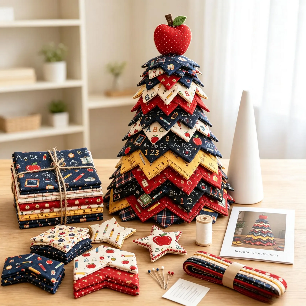 Back to School Quilted Fabric Tree Tabletop Decoration, Handmade Teacher Apple & School Supplies Classroom Decor QCTPETAL08