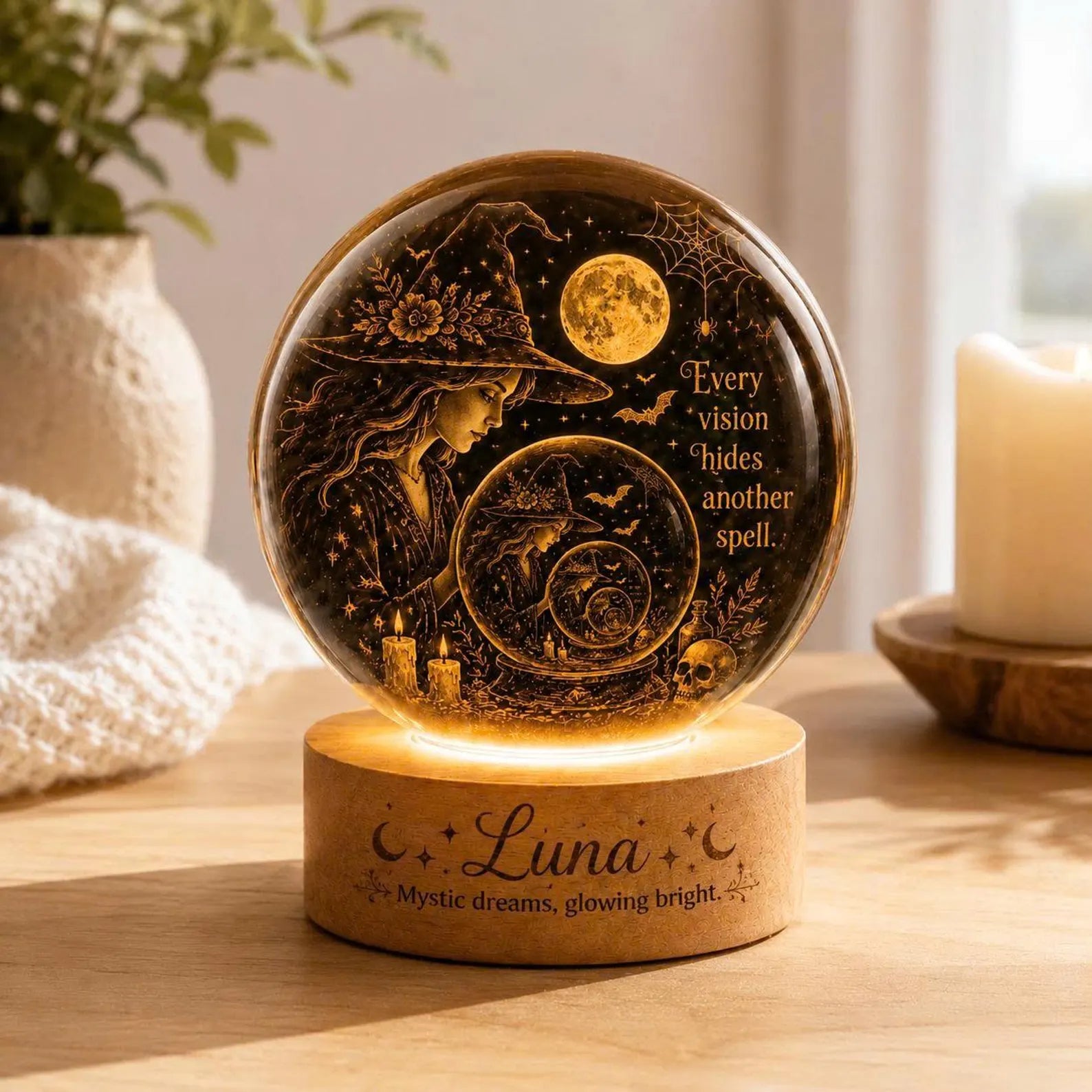 Personalized Witch Crystal Ball Night Light, Halloween LED Lamp, Fortune Teller Decor. LEDPETAL17