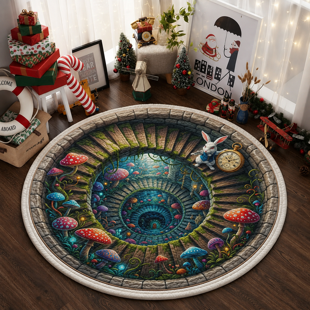Whimsical White Rabbit 3D Hole Round Rug Alice Wonderland Spiral Stairs Illusion Floor Mat Kids Room Decor Birthday Gift Nursery Carpet. QRPETAL16