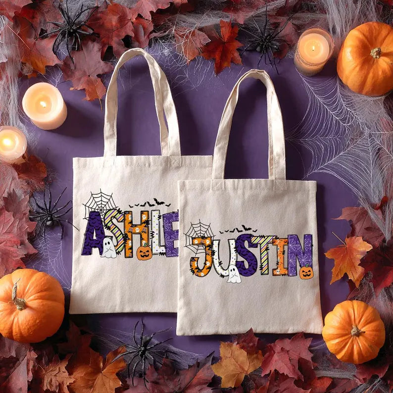 Personalized Halloween Tote Bag, Custom Name Trick or Treat Bag, Cute Ghost Pumpkin Candy Bag, Halloween Party Favor for Kids, Spooky Gift Bag. HLWTBPETAL2