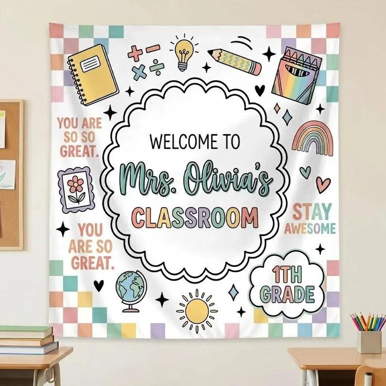 Personalized Teacher Classroom Banner: Welcome Classroom Sign, Back To School Decor,personalized teacher banner. Classroom Banner Custom Name. CBPETAL13