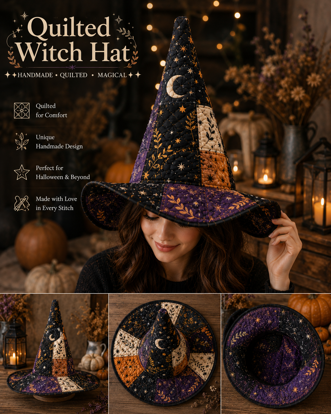 Halloween Patchwork Quilted Witch Hat – Purple Black Soft Padded Witch Costume Hat for Women. QWHPETAL5