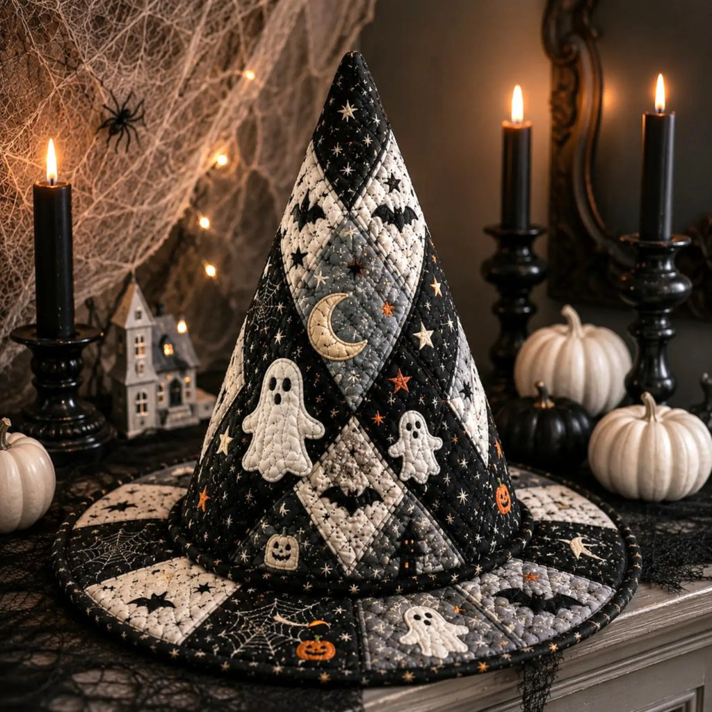 Halloween Quilted Witch Hat, Ghost Patchwork Fabric Hat, Haunted House Wizard Costume, Spooky Gothic Witch Decor, Adult Witch Hat. QWHPETAL19