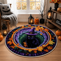 Halloween Black Witch Cat Circle Rug, 3D Vortex Illusion Round Rug, Fall Autumn Leaves Spooky Decor, Witchy Floor Carpet Gift for Halloween. QRPETAL08