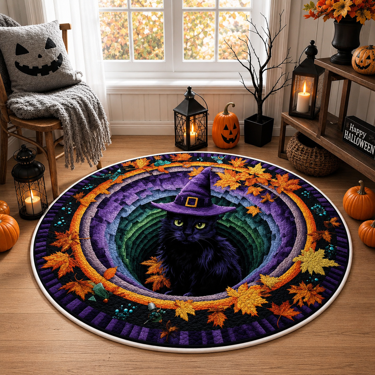 Halloween Black Witch Cat Circle Rug, 3D Vortex Illusion Round Rug, Fall Autumn Leaves Spooky Decor, Witchy Floor Carpet Gift for Halloween. QRPETAL08