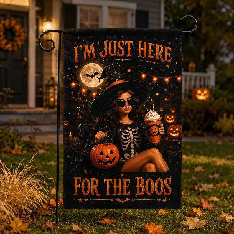 I'm Just Here For The Boos Garden Flag, Funny Halloween Witch Flag, Spooky Season Yard Decor, Summerween Flag. HLWGFPETAL17