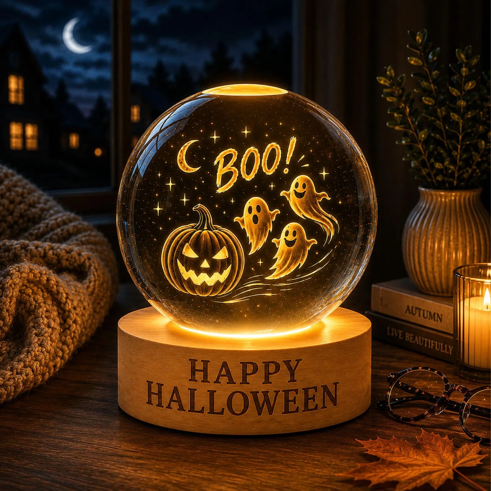 Spooky Ghost Pumpkin Crystal Ball Lamp Halloween Night Light Fall Decor Cute Autumn Gift Haunted Home Accent. LEDPETAL8