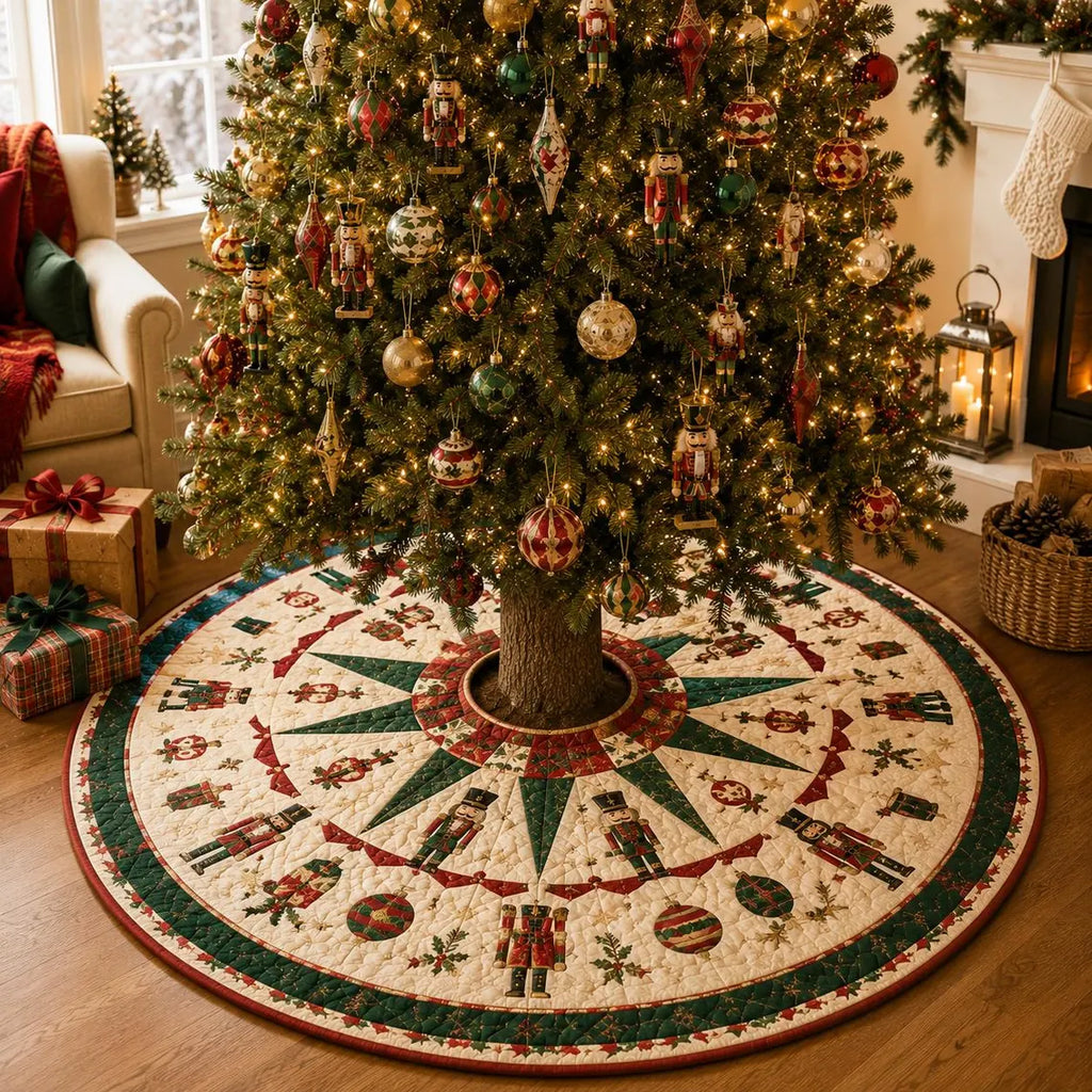 Nutcracker Christmas Tree Skirt, Quilted Patchwork Holiday Decor, Traditional Red Green Tree Mat, Royal Crown Design. CTSPETAL08