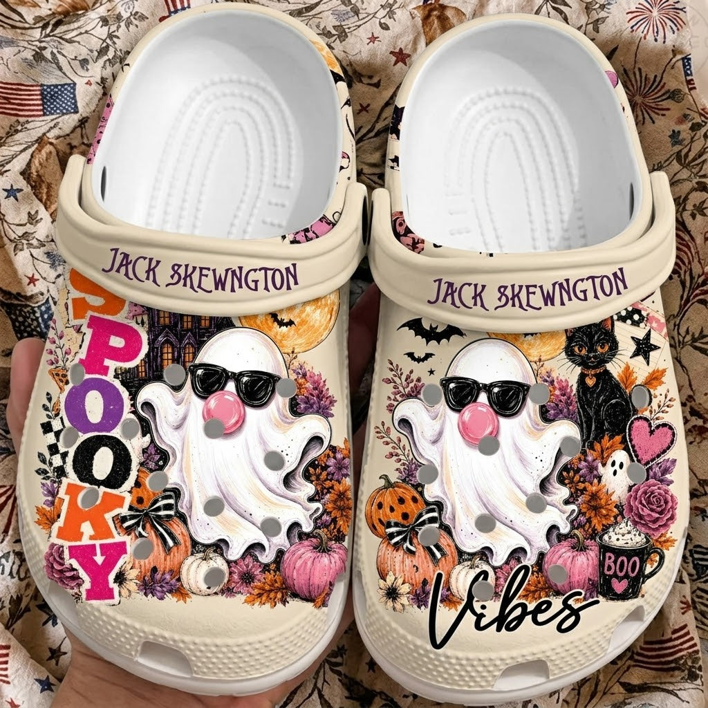 Personalized Halloween Ghost Clogs – Spooky Cute Boo Vibes Fall Shoes. Happy Halloween Ghost Pumpkin. CLPETAL04