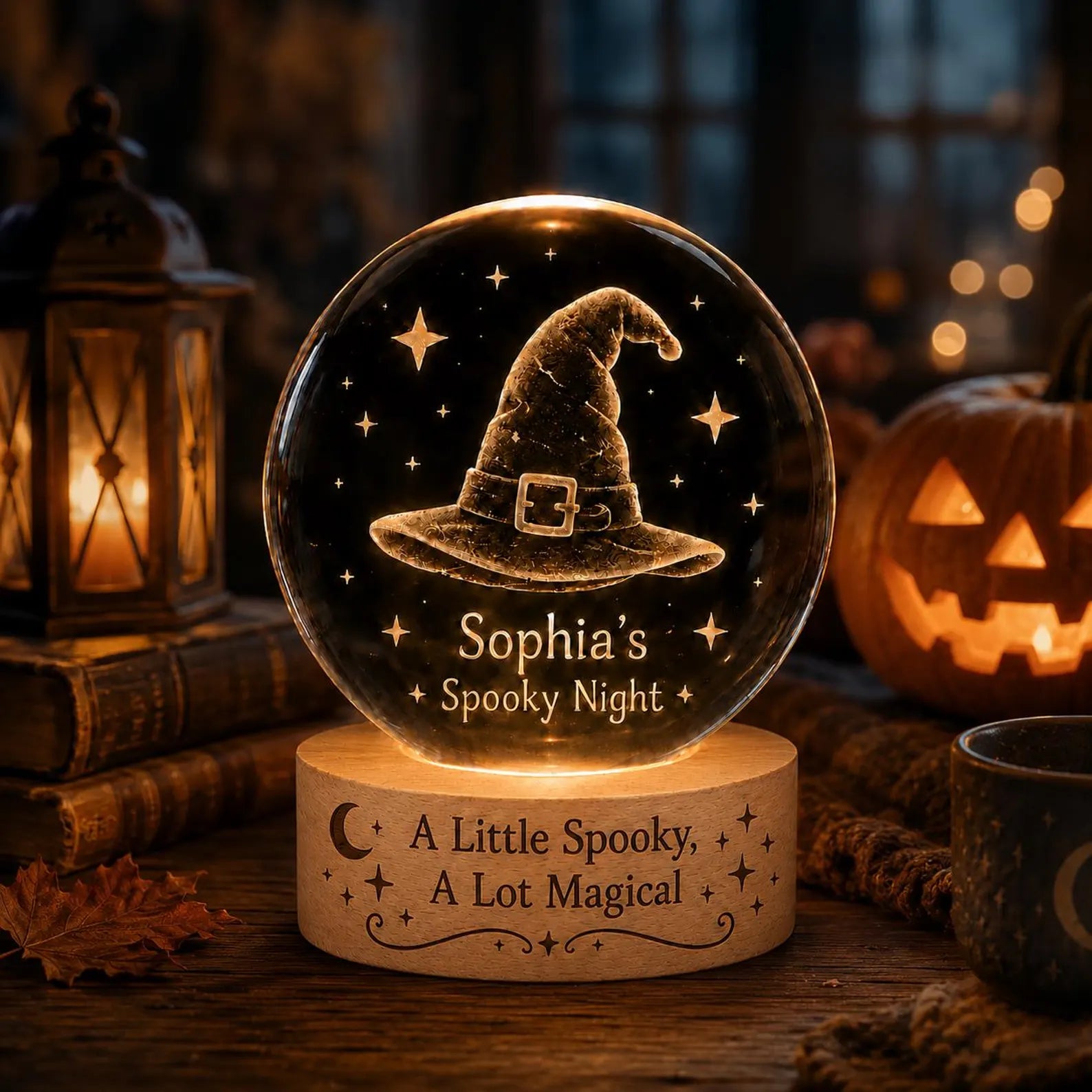 Personalized Witch Hat Crystal Ball Night Light, Halloween Decor, Custom Name Spooky Lamp, Magical Gift, Cozy Witchy Room Decor. LEDPETAL14