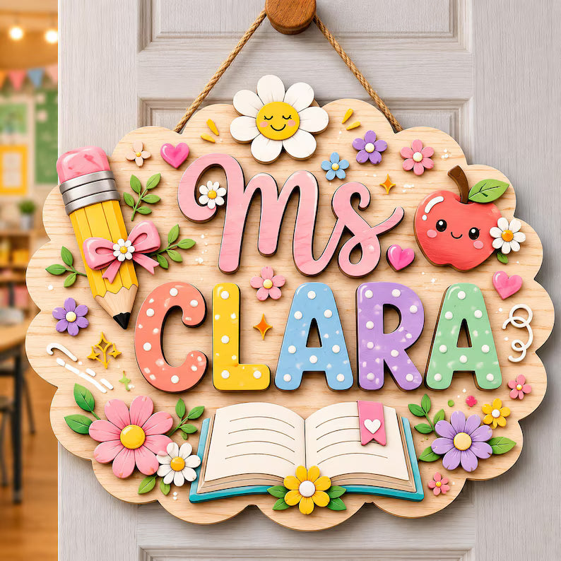 Personalized Teacher Classroom Name Sign, 3D Wood Floral Book Door Decor, Back to School Gift, Teacher Name Sign. DHPETAL10