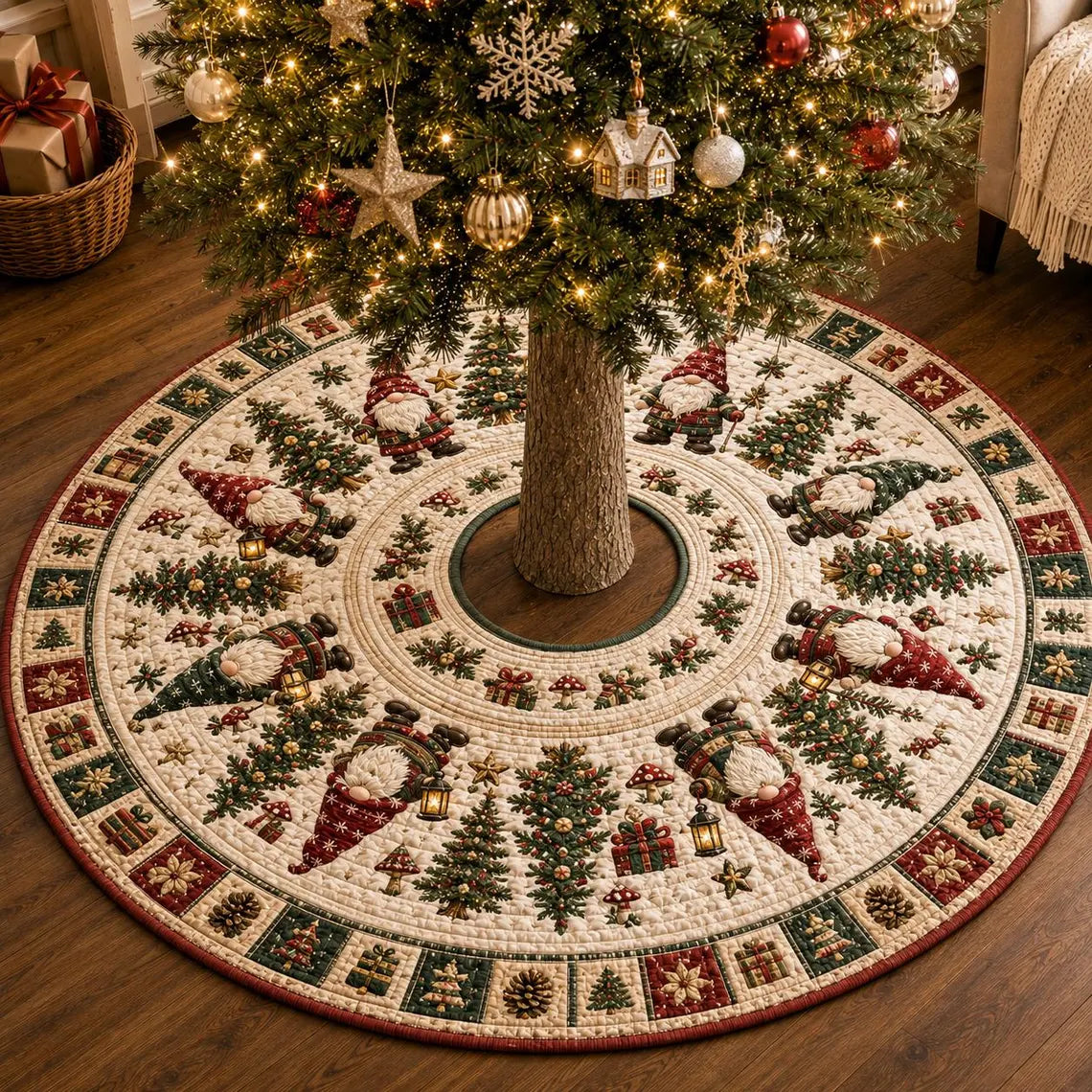 Christmas Gnome Tree Skirt, Quilted Xmas Tree Skirt, Nordic Holiday Tree Mat, Red Green Farmhouse Christmas Tree Decor. CTSPETAL24